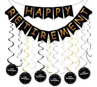 Striscione felice pensionamento e vortici da appendere per feste di pensionamento, kit di decorazioni per uomini e donne nero e oro