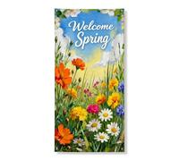 Striscione floreale per porta con scritta "Welcome Spring", decorazione per porta d'ingresso, decorazione per interni ed esterni, per feste primaverili, 91 x 183 cm