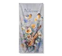 Striscione floreale per porta di benvenuto, grazioso design con uccelli e violino, decorazione primaverile per esterni, sfondo per interni ispirato alla natura, per le festività natalizie, 91 x 182 cm