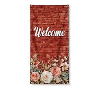 Striscione floreale per porta di benvenuto, sfondo rustico in mattoni rossi con fiori vintage, decorazione per la casa per la stagione primaverile, 91 x 182 cm