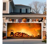 Striscione For Porta Da Garage Di Halloween - Decorazione Da Appendere All'esterno For Casa, Cortile, Parete Con Scena Di Lanterna Di Zucca Nella Foresta Nebbiosa(Pumpkin,13 * 6FT)