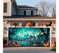 Striscione For Porta Da Garage Di Halloween - Decorazione Da Appendere All'esterno For Casa, Cortile, Parete Con Scena Di Lanterna Di Zucca Nella Foresta Nebbiosa(Horror Night,16 * 7FT)