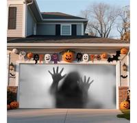 Striscione For Porta Da Garage Di Halloween - Decorazione Da Appendere All'esterno For Casa, Cortile, Parete Con Scena Di Lanterna Di Zucca Nella Foresta Nebbiosa(Ghost,13 * 6FT)