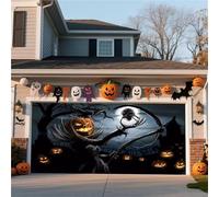 Striscione For Porta Da Garage Di Halloween - Decorazione Da Appendere All'esterno For Casa, Cortile, Parete Con Scena Di Lanterna Di Zucca Nella Foresta Nebbiosa(Horror Pumpkin,16 * 7FT)