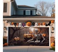Striscione For Porta Da Garage Di Halloween - Decorazione Da Appendere All'esterno For Casa, Cortile, Parete Con Scena Di Lanterna Di Zucca Nella Foresta Nebbiosa(SkullA,8 * 7FT)