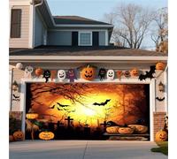 Striscione For Porta Da Garage Di Halloween - Decorazione Da Appendere All'esterno For Casa, Cortile, Parete Con Scena Di Lanterna Di Zucca Nella Foresta Nebbiosa(Twilight Castle,16 * 7FT)