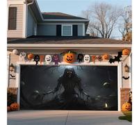Striscione For Porta Da Garage Di Halloween - Decorazione Da Appendere All'esterno For Casa, Cortile, Parete Con Scena Di Lanterna Di Zucca Nella Foresta Nebbiosa(Skull,13 * 6FT)