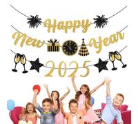 Striscione glitterata "Felice Anno Nuovo 2025" - Decorazioni di Capodanno e Natale | Il design scintillante di questo striscione è realizzato in oro abbagliante e garantisce una lucentezza brillante e