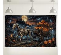 Striscione gotico con scheletro e carrozza di Halloween, 180 x 109 cm | Scena del castello gotico, sfondo fotografico, cavallo scheletro, jack-o'-lanterns, spiriti mistici, arte atmosferica scura