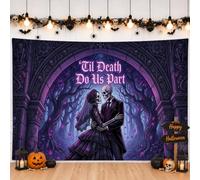 Striscione gotico per Halloween con scheletro e citazione nuziale, 200 x | Tema matrimonio gotico, sfondo fotografico, coppia scheletro romantica, illustrazione dell'arco vittoriano