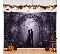 Striscione gotico romantico con coppia al chiaro di luna, per Halloween | Arco gotico, sfondo fotografico, silhouette romantica, foresta illuminata dalla luna, accenti floreali scuri