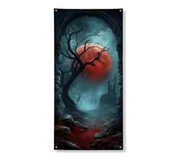 Striscione gotico spettrale per porta, albero infestato e luna di sangue, decorazione per Halloween, feste per interni ed esterni, 91 x 182 cm