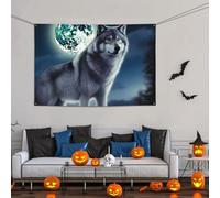 Striscione grande con lupo sotto la luna, decorazione per feste, 119 x 180 cm, sfondo personalizzato da appendere alla parete, striscioni di compleanno, bandiera, feste, sfondo fotografico per