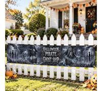 Striscione grande da cortile con nave fantasma, scheletro gotico spettrale pirata, per Halloween, nero, con occhielli e corda da appendere, decorazioni per feste, per recinzione, cortile, prato