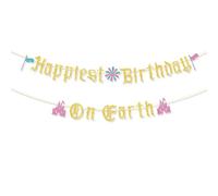 Striscione Happiest Birthday on Earth, Pre-Infilato Striscione a Tema Principessa Decorazione Feste Castello della Principessa per Feste Compleanno per Bambine Bambini Articoli Baby Shower