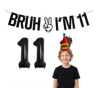 Striscione Happy 11th Birthday - Glitter nero, pre-incordato con palloncino e cappello