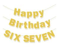 Striscione "Happy Birthday Six Seven", striscione glitterato dorato per il tema del compleanno 6/7, pre-infilato e pronto da appendere, gergo Gen Z e Gen Alpha, decorazione per feste in cartoncino