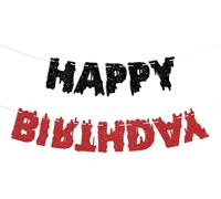 Striscione horror Happy Birthday - Welcome to the Other Side Decor, Spooky Upside Down Theme Birthday Party Decorations Black & Red Glitter