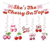 Striscione in alluminio con scritta "She's The Cherry On Top", decorazione per baby shower, addio al nubilato, addio al nubilato, festa di compleanno, per ragazze e donne (striscione con ciliegie e