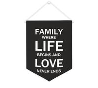 Striscione in tela con scritta "Family Where Life Begins And Love Never Ends", da appendere alla parete, per soggiorno, camera da letto, ufficio, vacanze, 30,5 x 40,6 cm