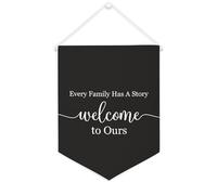 Striscione in tela con scritta in inglese "Every Family Has A Story Welcome to Ours", da appendere alla parete, decorazione per la casa, per soggiorno, camera da letto, ufficio, regali per vacanze