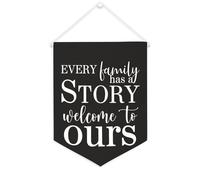 Striscione in tela con scritta in lingua inglese "Every Family has a Story Welcome to ours", 30,5 x 40,6 cm, motivazionale da appendere alla parete, decorazione da parete per camera da letto