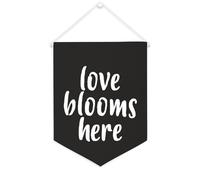 Striscione in tela con scritta "Love Blooms Here", da appendere alla parete, per soggiorno, camera da letto, ufficio, regali per vacanze, 30,5 x 40,6 cm