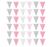 Striscione in tessuto multicolore, 10 m, con 36 bandiere triangolari, per matrimoni, compleanni, baby shower, feste (rosa, grigio, bianco)