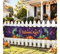 Striscione magico da cortile, fantasioso festivo zucche magiche di Halloween viola con occhielli e corda da appendere, decorazioni per feste, per cortile, prato, recinto, portico, esterno, 50 x 305 cm