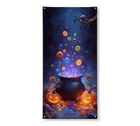 Striscione magico per porta a calderone di Halloween, zucche colorate e caramelle natalizie, decorazione per interni ed esterni, 91 x 183 cm