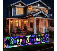 Striscione neon con scritta in lingua inglese «Happy Birthday», bandiera da appendere con nastro, grande cartello Happy Birthday Yard, decorazione per feste, che si illumina al buio, 118 x 20 pollici