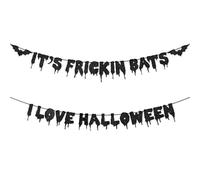 Striscione nero glitterato "It's Frickin Bats - I Love Halloween" - Spooky Bat - Decorazione a tema