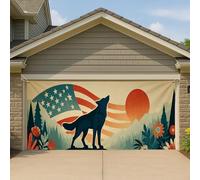 Striscione patriottico per garage, motivo: lupo al tramonto americano, grande decorazione per porta esterna, paesaggio montano estivo, 390 x 180 cm