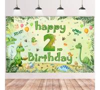 Striscione per 2° compleanno con dinosauro, sfondo verde Happy 2nd Birthday per ragazzi (100 x 150 cm), sfondo fotografico a tema dinosauro, decorazione per feste nella giungla per bambini di 2 anni