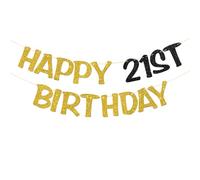 Striscione per 21° compleanno con scritta "Happy 21st Birthday", decorazione per feste per 21° compleanno, colore: oro e nero glitterato