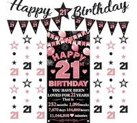 Striscione per 21° compleanno da donna, 9 bandierine nere e oro rosa, sfondo numero stella puntino glitter kit ghirlande da appendere per ragazze e donne felici 21 anni forniture per feste di