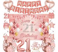 Striscione per 21° compleanno per ragazze, 40 pezzi, oro rosa, striscioni per il 21° compleanno, sfondo da appendere a vortici con numero 21, decorazione per ragazze di 21 anni, regali per feste