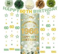 Striscione per 60° compleanno da donna, 13 pezzi, verde oro impressionante dal 1966, striscioni numero 60 cerchio puntino scintillante stella ghirlanda pompon per feste felici sessant'anni decorazione
