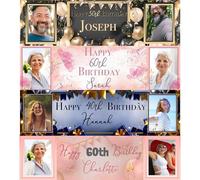 Striscione per compleanno personalizzato con immagine - Decorazione personalizzata per feste di buon compleanno, 110 x 30 cm, personalizzabile per tutte le età, rosa, piccolo