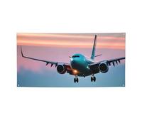 Striscione per feste con stampa di aeroplano nelle luci della sera, cartello di compleanno a tema Capodanno Natale decorazioni sfondo.