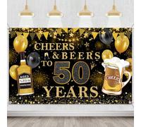 Striscione per feste per 50° compleanno, sfondo nero e oro con scritta "Happy Birthday", per donne e uomini, 1,8 x 1,1 m, poster in tessuto per feste di 50 anni