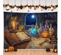 Striscione per fondale con bottiglie a tema laboratorio di pozioni magiche | Estetica Strega, Sfondo Foto, Ingredienti Pozioni, Laboratorio Magico, Biblioteca Fantasy, Arredamento Mistico
