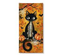 Striscione per la copertura della porta del gatto di Halloween, simpatico gattino nero con zucche e pipistrelli, decorazione per interni ed esterni, 91 x 182 cm