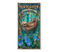 Striscione per porta con bradipo di benvenuto, colorato foresta tropicale, divertente decorazione per ingresso primaverile a tema natura, cartello di benvenuto per interni ed esterni, 91 x 182 cm