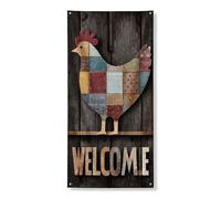 Striscione per porta con gallina di benvenuto, decorazione artistica da parete rustica, decorazione da parete per interni ed esterni, decorazione stagionale per la casa, 91 x 182 cm