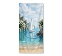 Striscione per porta con paesaggio tropicale, bella barca a vela e vista sull'oceano, decorazione per esterni, a tema spiaggia estiva, 91 x 183 cm