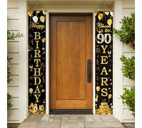 Striscione per porta con scritta "Happy 90th Birthday", in tessuto nero e oro, per 90° compleanno, per uomini e donne, striscioni di compleanno per 90 anni, decorazioni per feste per interni ed