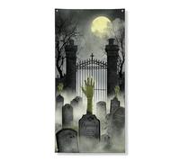 Striscione per porta del cimitero infestato di Halloween, decorazione spettrale con mano zombie e luce di luna, decorazione per interni ed esterni, 91 x 182 cm