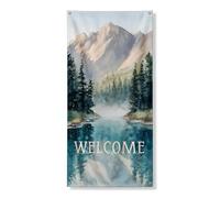 Striscione per porta di benvenuto con lago di montagna, paesaggio paesaggistico della natura, arte ad acquerello, decorazione per la casa per tutte le stagioni, 91 x 182 cm