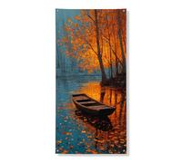 Striscione per porta panoramico autunnale, alberi di arancio vibrante e riflesso dell'acqua della barca, decorazione stagionale per interni ed esterni, 91 x 182 cm